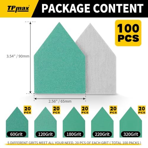 TPmax 100 Pack 90x65mm Detail Sander Sandpaper Compatible with Milwaukee M12, 60/120/180/240/320 Grit Assortment, Heavy Duty Hook & Loop Anti Clogging Polyester Film Sheets - size: Mixed Grit