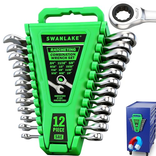 12-Piece Ratcheting Wrench Set, SAE 1/4 - 3/4 inch Ratchet Combination Wrenches Set, 12-Point 72-Tooth Ratchet Spanners with Magnetic Base Organizer, Chrome Vanadium Steel for Automotive Mechanic Tool - style: Ratchet SAE