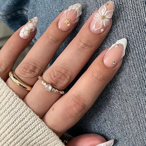 LPOODDNU 3D Almond Press on Nails - White French Tip Medium Fake Nails with Flower Pearl Star Designs, Glossy Finished Reusable False Nails with Adhesive Glue Tabs - 24Pcs Nail Kit for Women Manicure - color: 3d white flower