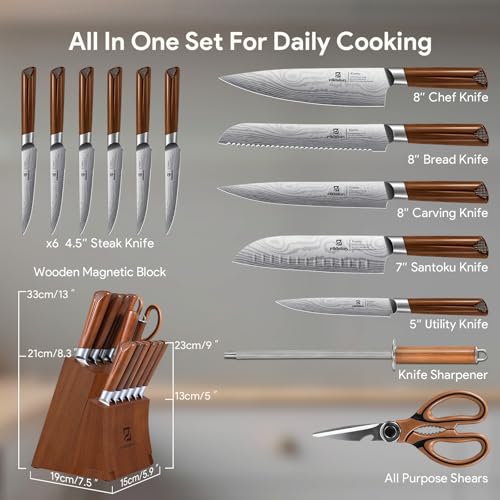 Kitchen Knife Sets With Block, Piklohas 15 Pieces Knife Sets With Magnetic Detachable Knife Holder, High Carbon Steel Damascus Pattern Chef Knife Set With Steak Knives, Ideal For House Warming Gift