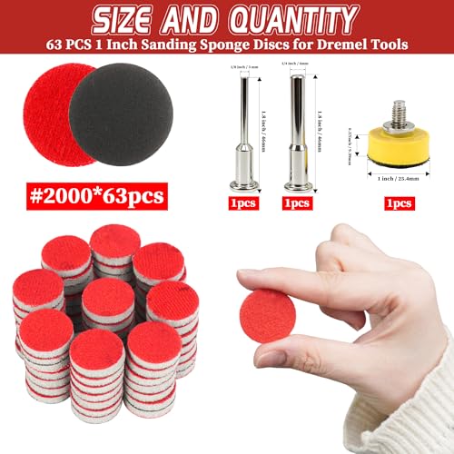 63 PCS 1 Inch Sanding Dremel Discs Hook and Loop Sandpaper 2000 Grit | Wet Dry Sanding Pads with 1/8" 1/4" Shank Small Sanding Discs for Curved Surfaces Resin Wood Metal - style: 2000 Grit