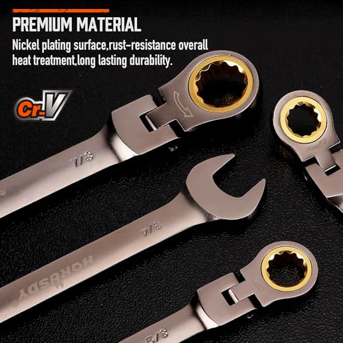 HORUSDY 12-Piece SAE Flex-Head Ratcheting Wrench Set with Organizer | 1/4” to 7/8“ Ratchet Combination Wrenches Set | 72-Teeth | Chrome Vanadium Steel - style: 12-Piece SAE Flex-Head Ratcheting - Pro