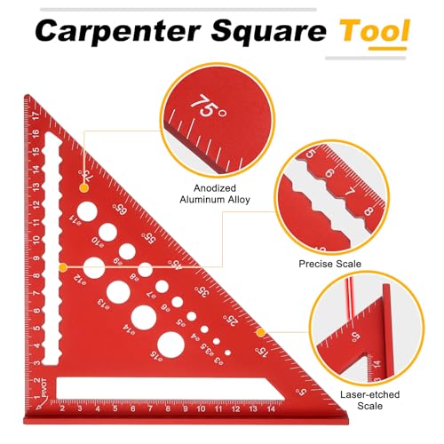 HARFINGTON Metal Square Ruler 7" Aluminum Alloy Carpenter Square Metric Woodworking Rafter Square Precision Scribing Tools with Rafter Conversion Table for Measuring and Marking, Red - color: Red, style: Metric