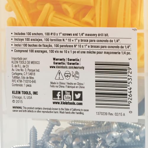Klein Tools 53729 Conical Anchor Kit, 100 Anchors, 100 #2 Phillips, 1/4 Inch Masonry Drill Bit, Drywall and Masonry - size: 100 Count (Pack of 1)