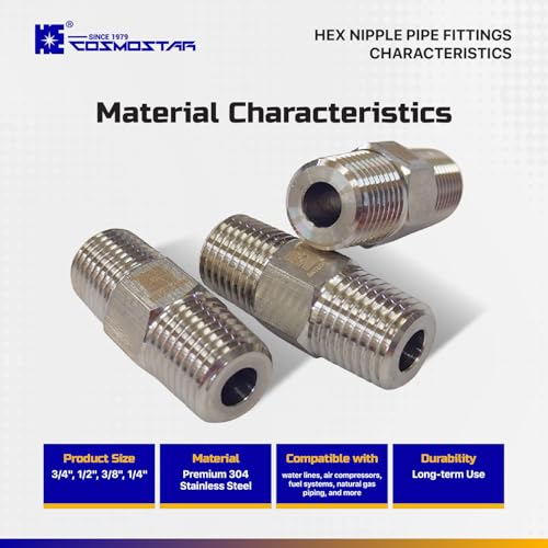 Cosmostar 3 PCS 1/4" Male Hex Nipple Pipe Fittings, 304 Stainless Steel NPT Threaded Pipe Adapter, Compact Heavy Duty Fittings for Air, Fuel & Water Lines - size: 1/4 NPT-3pcs