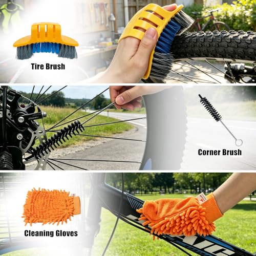 17PCS Bike Cleaning Kit, Bicycle Cleaner Toolbox with All-Weather Chain Lube, Chain Scrubber, Degreaser, Body Cleaner, Brushes, Sponge, Towel & Gear Floss for MTB/Mountain/Road/E Bikes