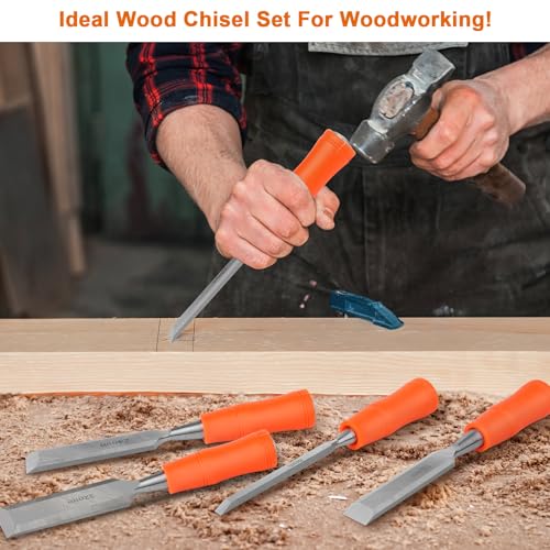 5 Piece Wood Chisel Sets Woodworking Tools Set, Wood Chisels for Woodworking with Steel Hammer End, Wood Tools Chisel Set Woodworking with Ergonomic Plastic Handle, 6mm, 12mm, 18mm, 24mm, 32mm - size: 5 Pack