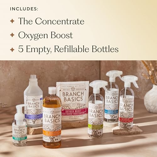 Branch Basics Premium Kit: All-Purpose, Glass, Bathroom, Hand Wash, Laundry | Refillable Plastic Bottles + Concentrate, Oxygen Boost. Fragrance-Free, Human-Safe, Plant-Based Formulas - style: Plastic Spray Bottles