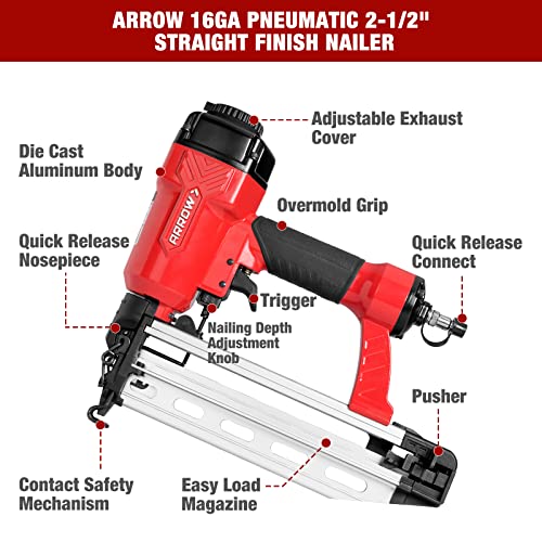 ARROW Pneumatic 16 Gauge Finish Nailer with 1000 Pcs Nails, 16 GA Professional Straight Nail Gun Kit, Oil-free Design, Depth Adjustable, Dryfire-lockout, Fits 1-1/4-Inch to 2-1/2-Inch Finish Nails