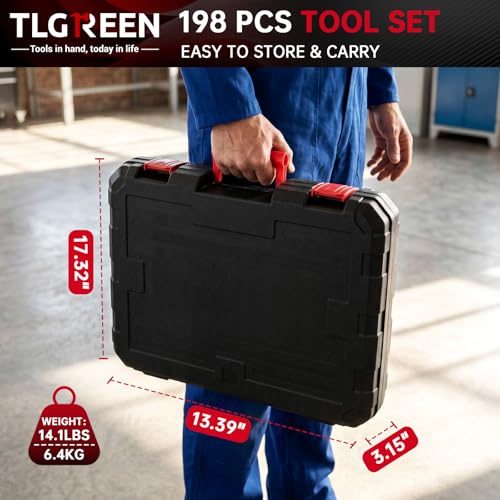 TLGREEN 198 Piece Tool Set, Tool Kit for Home,Basic Tools with Tool Box, Screwdrivers,Socket Adaptor,Adjustable Wrench,Pliers, Household Hand Tool Set for Car,Truck,Bicycle, Home, Dorm, Garage