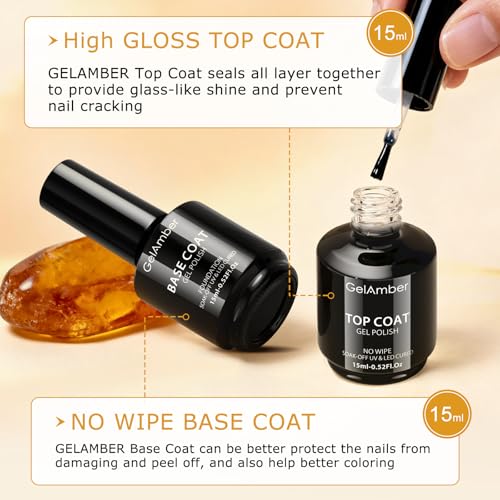 GELAMBER 2Pcs 15ml No Wipe Gel Top Coat and Base Coat, Base and Top Coat Gel Nail Polish Set, Essentials for Super Shiny and Long-Lasting Foundation Finish Nail Art Design Gift - color: Base&Top Coat