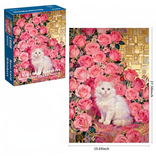 1000 Piece Puzzle for Adults, Elegant White Persian Cat with Pink Roses - color: Rose Gold Whiskers