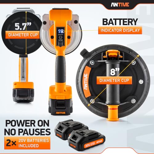 Tile Vibration Tool ProSet, Tile Vibrator and 8" Cup, 2 Batteries 9 Speeds | For 8-48" Tiles | 110 lb Vibrating tool, 330 lb Vacuum Cup Hold, Digital Display with 9 Speeds, 2 batteries, and Hard Cases - color: Orange Light