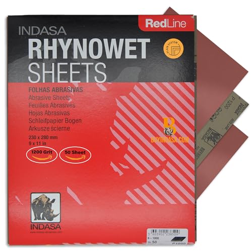 INDASA Rhynowet Red Line Wet Dry Sanding Sheets 9 x 11 Inch 1200 Grit Waterproof Latex Backing Abrasive Paper for Wood Metal Automotive Surface Prep Pack of 50 - size: 1200-Grit 9"x11"