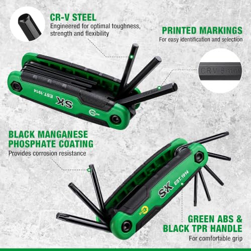 SK Folding Allen Wrenches Sets, Metric/SAE/Star Hex Key Set, CR-V Steel