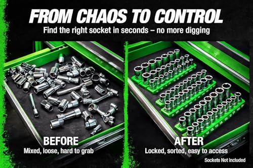 OEMTOOLS 22461 6-Pc Metric & SAE Magnetic Socket Tray Set Holds 143 Sockets | Magnetic Socket Organizer Tray, Non-Marring Rubberized Base, Clearly Marked Sizes, 1/4, 3/8, 1/2 Inch Sockets - style: Green and Blue