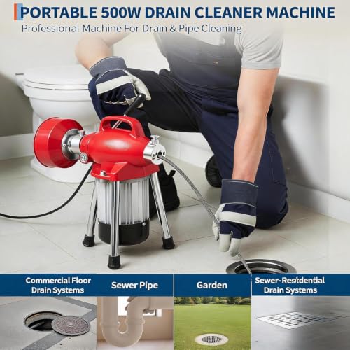 500W 400 RPM Auto Feed Electric Drain Cleaner Machine (66FT x 5/8" + 16FT x 3/8", Red) - color: Red