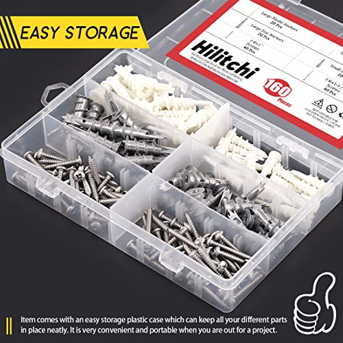 Hilitchi 160-Pieces Large/Small Zinc Plastic Self Drilling Drywall Hollow-Wall Anchor Assortment Kit
