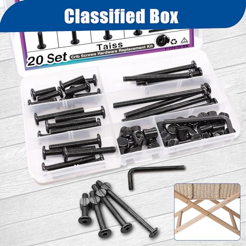 Taiss 20 Set Crib Screws M6x20mm/40mm/60mm/80mm Baby Bed Crib Screws Hardware Replacement Kit,Bunk Bed Bolts Hex Socket Cap Screws Bolt with Barrel Nuts/Wrenches for Beds Furniture Headboards - color: Black