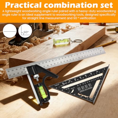Rafter Square and Combination Square Tool Set, Including 7inch Carpenter-Square Wood Working Tool and Accessories, 12inch Square-Ruler(Color:Black)