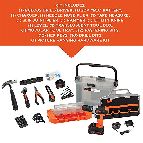 BLACK+DECKER 20V MAX Drill with Home Tool Kit, 64-Piece (BCKSB62C1)