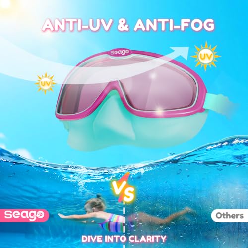 Seago Kids Swim Goggles with Nose Cover 2 Pack for 3-14 Anti-Fog Clear View - color: Blue Green & Blue Pink