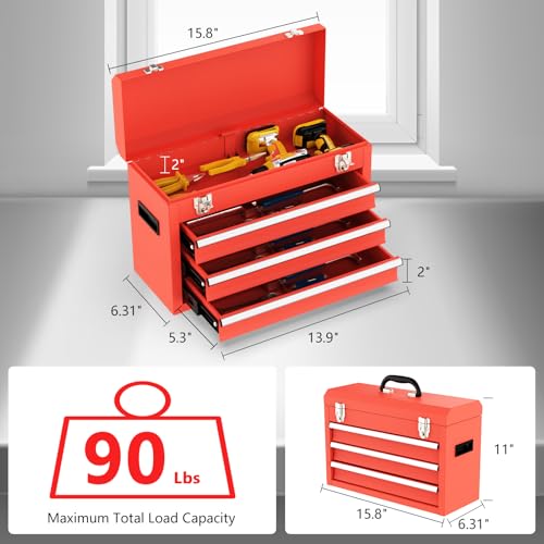 3 Drawer Metal Tool Box, Portable Metal Tool Box with EVC Liners and Latches Closure, Heavy Duty Steel Tool Chest with Ball Bearing Opening and Powder Coated Finish, Red - color: Red