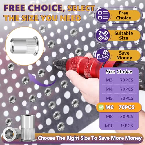 70Pcs M6-1.0mm Rivet Nut Set Flat Head 304 Stainless Steel | High Ductility, For Auto, Furniture & Industrial Use, Storage Case Included. - size: M6