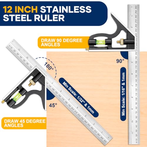 Combination Square 12 Inch and 7 Inch Carpenter Square Tool Set | Aluminum Rafter Square for Framing, Adjustable Combo Square with Stainless Steel Ruler for Carpentry and Woodworking