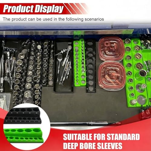 2PCS Magnetic Socket Organizer Set - 3/8 Inch Drive Metric SAE Socket Holder Tool Trays Magnetic Sockets Storage Rail Holds 56 Standard and Deep Sockets for Tool Box Carts Drawer (3/8"-Black&Green) - size: 3/8"-Black&Green
