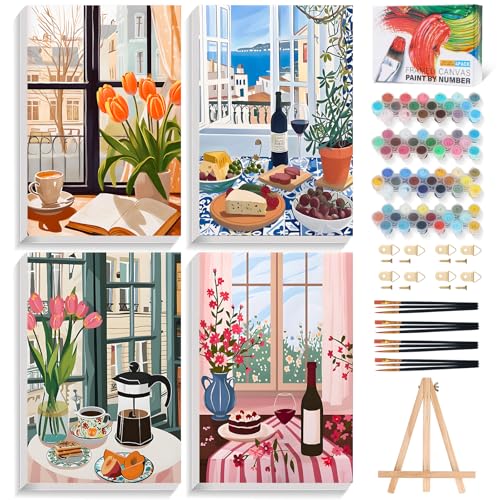 4 Pack Paint by Numbers Kit for Adults with Frame, Window Scenery & Flower - color: OP4FUS2510-02