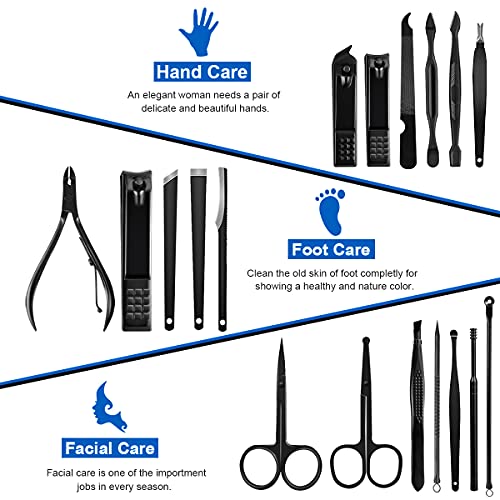 Professional Stainless Steel Nail Clipper Travel & Grooming Kit Nail Tools Manicure & Pedicure Set of 18pcs with Luxurious Case (Black/Blue) - color: Black/Blue