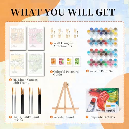 Okarina 4 Pack Paint by Numbers Kit for Adults with Frame, Retro Cocktail - color: OP4FUS2509-01