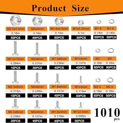 1010Pcs 304 Stainless Steel M1 M1.6 M2 M2.5 Metric Micro Screws Nuts Assortment, Hex Nuts, Small Machine Screws, Flat & Spring Washers for Arduino, RC Models, Electronics and DIY - size: 1010pcs