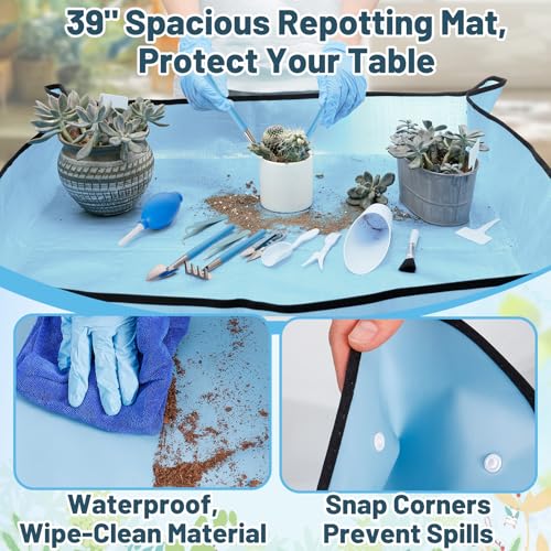 ANPHSIN 20pcs Small Gardening Tools Gifts for Women Beginners, Blue | Garden Hand Tools Set for Indoor Succulent Bonsai Plants Transplanting, Included 39" Plant Repotting Mat/Mini Shovel/Labels - color: Blue