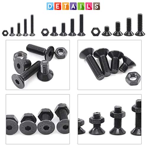 Glarks 510Pcs Metric M3 M4 M5 Alloy Steel Socket Cap Screws Hex Head Bolt Nuts Assortment Kit - Black Oxide Finish - size: Flat Head Socket Cap Screws Set
