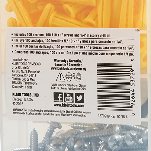 Klein Tools 53729 Conical Anchor Kit, 100 Anchors, 100#2 Phillips, 1/4 Inch Masonry Drill Bit, Drywall and Masonry (Pack of 2) - size: 100 Count (Pack of 2)