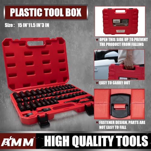 AMM 3/8" Drive Impact Socket Set, 48-Piece Standard SAE (5/16 to 3/4 inch) and Metric (8-22mm) Size, 3" and 6" Drive Extension Bar, Impact Universal Joint, 3/8" to 1/2" Impact Adaptor, CR-V - size: 3/8" Impact Socket Set