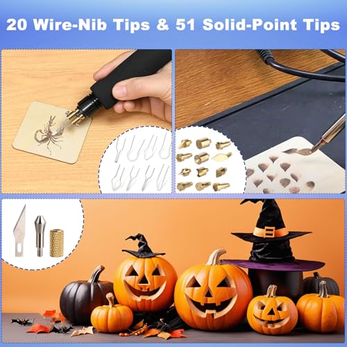 2-in-1 Wood Burning Kit, 88-in-1 Pyrography Wood Burner with 51 Solid Tips, 20 Wire Nibs, Letter & Number Stencils, Unfinished Wood Pieces, Pen Holder, Ideal for Pyrography, DIY Crafts & Gifts