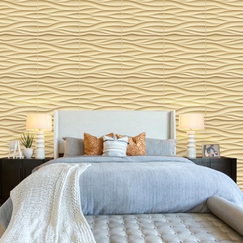 STICKGOO Wave 3D Wall Panels, Light Oak, 19.7''x19.7'', Pack of 12 - color: Light Oak