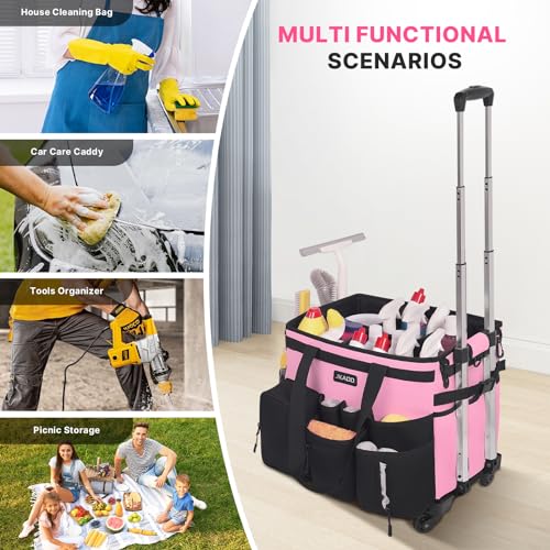 JKAOO Large Rolling Cleaning Caddy Bag with Detachable Trolley, Pink - color: Pink