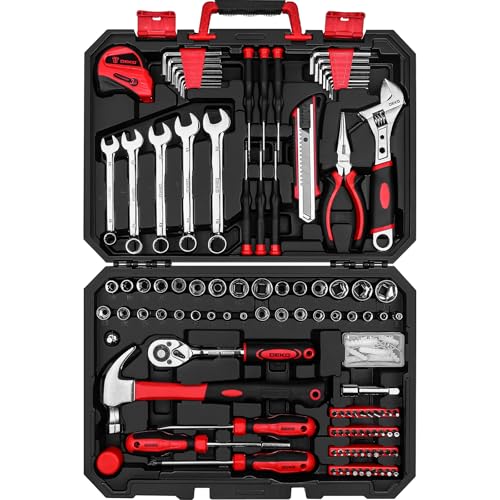 DEKOPRO Tool Set:158 Piece Home Tool Kit, Household Basic Repair Tool Set Comes with Plastic Storage Case-Red - color: Red