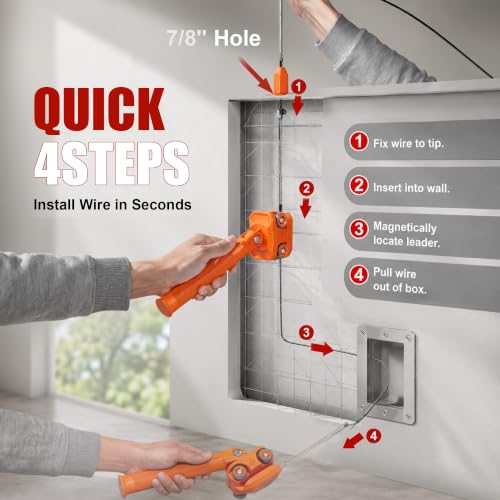 Magnetic Wire Puller, High-Strength Magnet Cable Puller with Stainless Steel Leader, 180° Pivoting Ergonomic Handle, Multi-Function Stud Finder for Electrical Wall Wiring, Comes with Sturdy Case