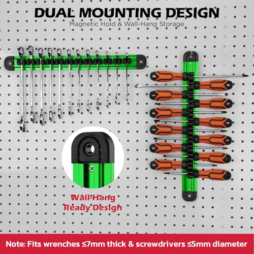 Magnetic Screwdriver Organizer and Wrench Organizer, 14-Slot Screwdriver and Wrench Holder, Magnetic Aluminum Rail Tool Organizer for Tool Box Drawer Wall-Mount Storage, Green (Tools not Included) - style: 1-Pack Green (14-Slot)