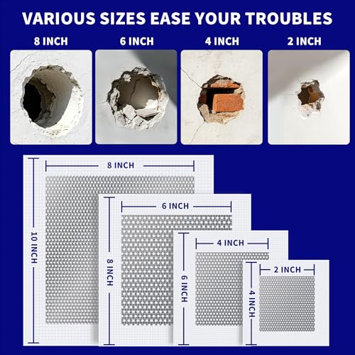 Breliter Drywall Repair Patch Kit, 19 Pcs Self-Adhesive Aluminum Wall Hole Repair Patches for Wall, Ceiling, Sheetrock, Plaster, 2/4/6/8 Inch Drywall Patch Kit with Scraper & Sandpaper - color: 19PCS