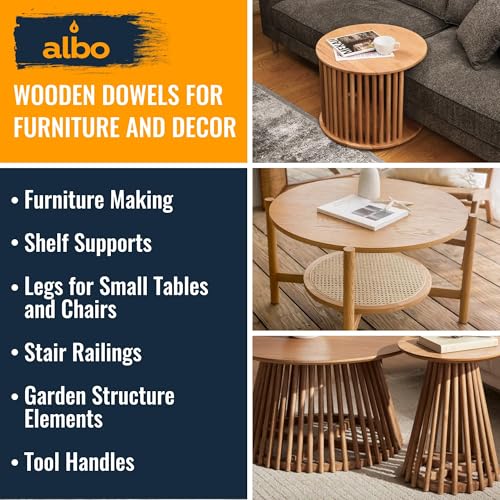 ALBO 1" x 48" Wooden Dowel Rods Set - 5 Pack Birch Natural Strong Long Craft Sticks Woodworking Furniture Garden Structures Hardwood Sanded Smooth Versatile Material Railings Supports - size: 1" x 48" 5 Pcs