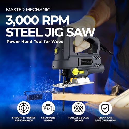 Master Mechanic 6.5 Amp 3,000 RPM Steel Base Jig Saw Power Hand Tool with Toolless Blade Change, Lock On Switch, and Blower Function for Wood, Gray