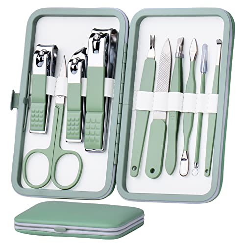 HANTEKAS Manicure Set 10 in 1 Stainless Steel, Nail Clippers Scissors Pedicure Tools Kit - Portable Travel Grooming Kit for Men and Women with Leather Case (Jade Green) - color: Jade Green