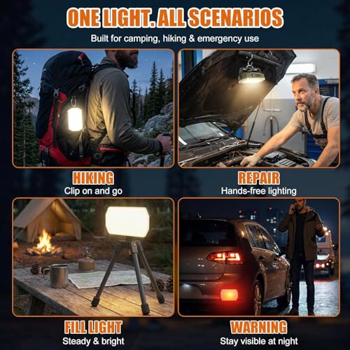 Rechargeable Magnetic Work Light, 1500LM Portable Camping Light with Hook, Magnetic Base and Tripod Mount, 4000mAh USB-C LED Flashlight for Car Repair, Job Site, Camping, Emergency