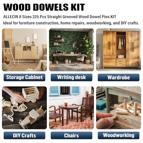 8 Values Wood Dowels Kit 1/4 3/8 5/16 Inch Fluted Wooden Dowel Pins Pegs Assortment for Furniture Woodworking DIY Crafts (Pack of 225Pcs)